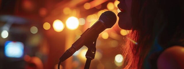 Passionate Vocal Performance: Woman Singing Her Heart Out Into the Microphone at a Karaoke Night - obrazy, fototapety, plakaty