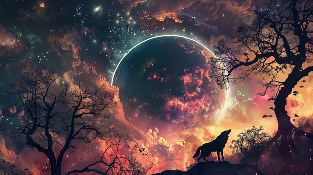 An illustration of a fantasy landscape featuring a howling wolf and silhouettes of bare trees, with a large planet rising behind in a starry sky