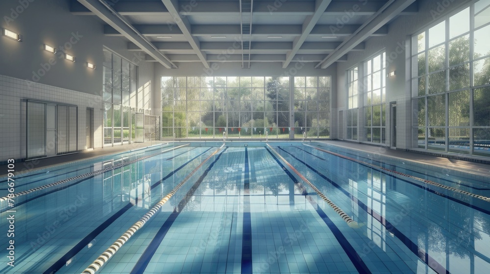 Poster a large indoor swimming pool in a building. suitable for architectural and interior design projects