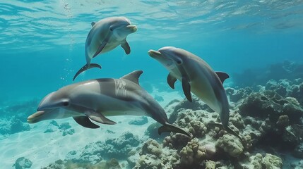 Underwater view of dolphins over coral reef