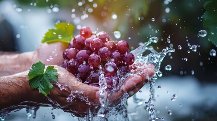 Hands with grapes, water splash, and studio blue background of fruit sustainability, juice detox, nutrition, and vitamins. Fresh, vegan, diet green grapes in damp palm.