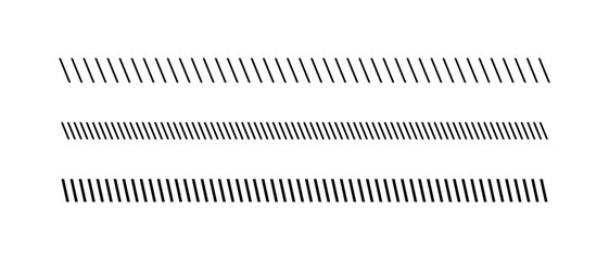 Slash line. Border with diagonal lines. Angle of tilt stripes. Black pattern of footer. Diagonal parallel lines divider strip. Tilt strip geometric abstract border. Slash divider. Vector illustration