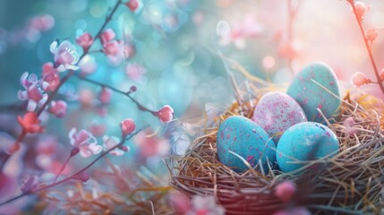 Bird nest filled with blue and pink eggs, perfect for nature and Easter themes