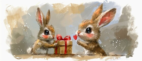 Cute little hare with present box, watercolor style illustration, valentines clip art with cartoon character for cards and prints