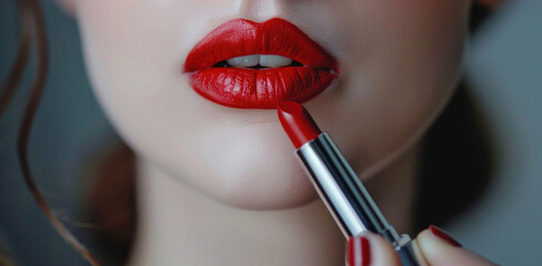 Close up shot of a woman putting on lipstick. Suitable for beauty and makeup concepts