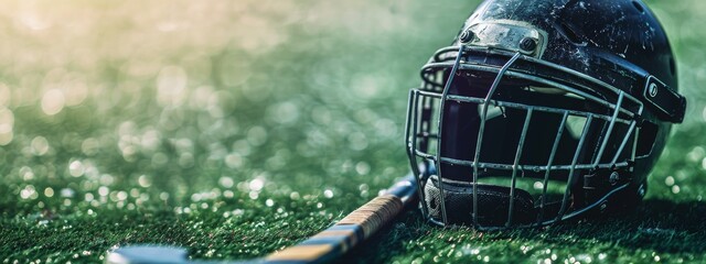 hockey helmet and stick lying on the field hockey pitch. with copy space image. Place for adding text or design