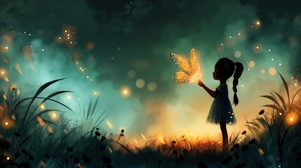 happy girl with gold butterfly at night time, Children's book cartoon style illustration,  cute cheerful positive happy atmosphere, Generative Ai