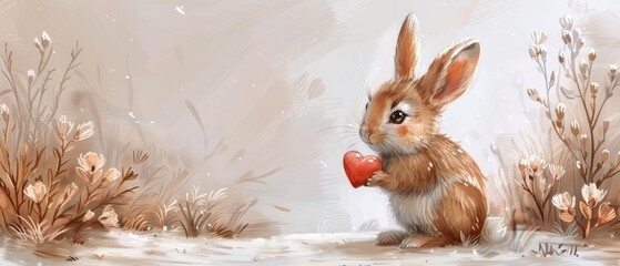 Valentine's clipart with cartoon character featuring a cute little hare with heart flowers, good for printing and cards