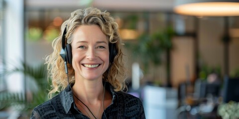 Young Caucasian girl call center agent smiling and using headset in office. Happy and confident businesswoman consulting and running a customer sales and service helpdesk - obrazy, fototapety, plakaty