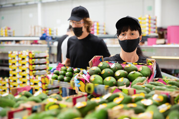 Diligent efficient serious woman in face mask stacking boxes with selected avocado on fruits sorting department