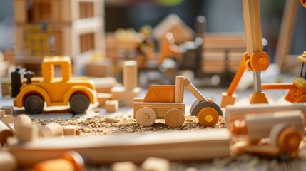 Miniature wooden vehicles and construction equipment on a model building site. - obrazy, fototapety, plakaty