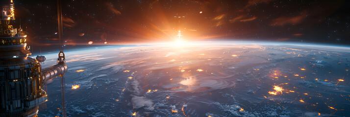 Artwork of a Space Elevator 3D Image,
Panoramic view on planet Earth globe from space Glowing city lights light clouds