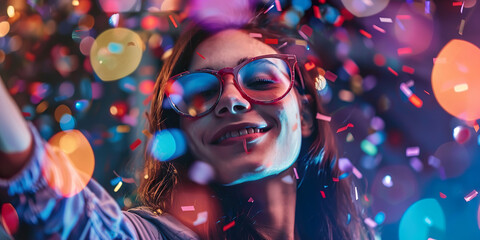 Woman dancing at party, confetti around