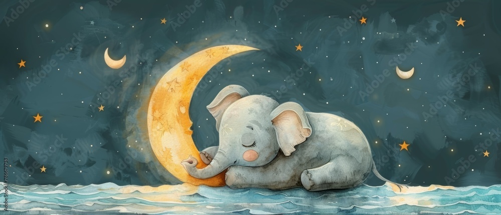 Wall mural the sleepy elephant in a watercolor style illustration is good for cards and prints.