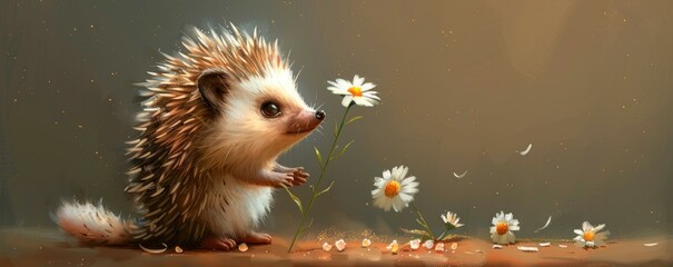 Children's clipart with cartoon hedgehog and chamomile, watercolor style illustration suitable for cards and prints - obrazy, fototapety, plakaty