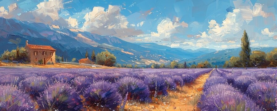 Poster depicting lavender fields in Provence, oil painted style, good for wallpaper and backgrounds