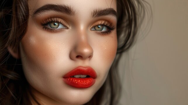 A close up shot of a woman wearing red lipstick. Perfect for beauty and makeup concepts
