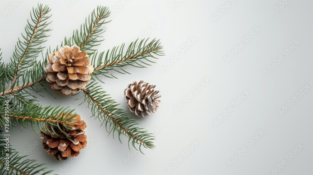 Poster pine cones and branches on a white surface. ideal for winter-themed projects