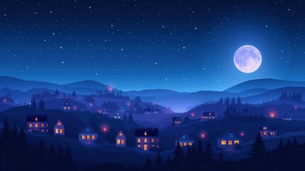 Naklejka premium village under starry night sky, Children's book cartoon style illustration, cute cheerful positive happy atmosphere, Generative Ai