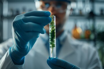 Drug testing, biotechnology development, and botany innovation are the focus of science, test tube plant, and man Lab hand, pharmacy clinical trial, or guy scientist inspecting leaf chemical solution - obrazy, fototapety, plakaty