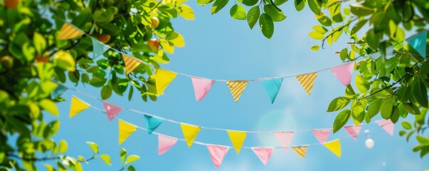 Colorful banner with colorful bunting flags and green tree leaves on a blue sky background Generative AI - obrazy, fototapety, plakaty