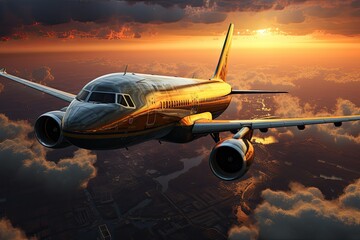 passanger plane flying in sunset light