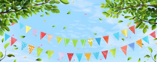 Colorful banners of bunting flags on a blue sky background with green tree leaves, depicting a summer party concept Generative AI