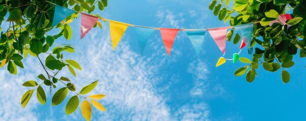 Colorful banner with colorful bunting flags and green tree leaves on a blue sky background, creating a summer party concept Generative AI - obrazy, fototapety, plakaty
