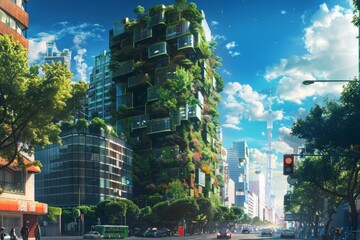 Lush vertical garden adorning a futuristic multi-story building in a bustling urban street setting