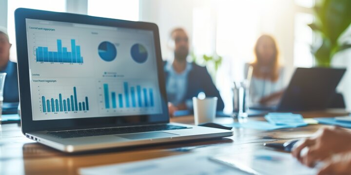 Closeup of a businessman using a laptop to analyze survey demographics at an office with colleagues. Entrepreneur analyzing infographics for team presentation
