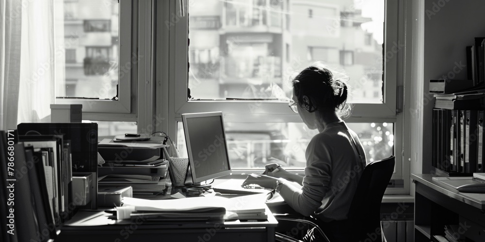 Aufkleber a woman sitting at a desk in front of a computer. suitable for office or work-related concepts
