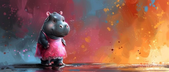 This cute hippo in a pink dress is a watercolor illustration good for making cards and prints during the summer.