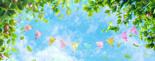 Colorful banner with bunting and green leaves on a blue sky background, depicting a summer party concept Generative AI - obrazy, fototapety, plakaty