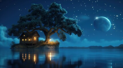 fairytale cute house on nature landscape at night time under starry night sky, Children's book cartoon style illustration, cute cheerful positive happy atmosphere, Generative Ai