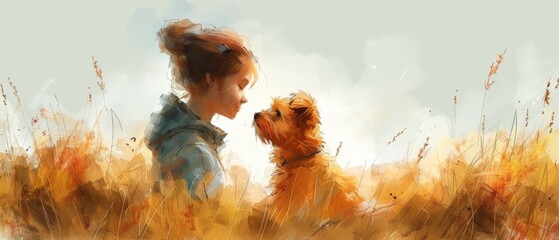 The illustration features a girl and a dog sharing tender hugs, suitable for designing cards and prints - obrazy, fototapety, plakaty