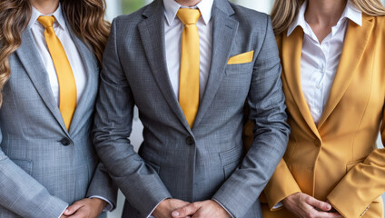 Three professionals in grey suits and vibrant yellow ties showcasing a blend of formal and contemporary corporate fashion. Perfect representation a dynamic, stylish and unified team in the world.