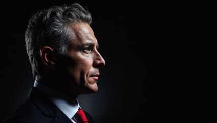 Fototapeta premium Side profile a focused and professional man in a suit and tie, set against a dark background. Lighting highlights his facial features and the contours of formal attire.