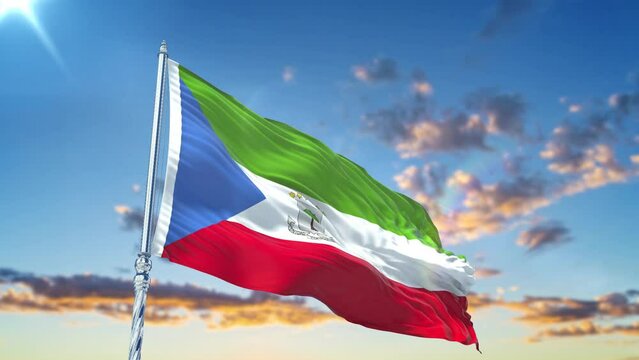 Equatorial Guinea flag Waving Realistic With Sky