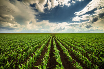 Expansive view of a green corn field stretching into the horizon under a dramatic cloudy sky - obrazy, fototapety, plakaty