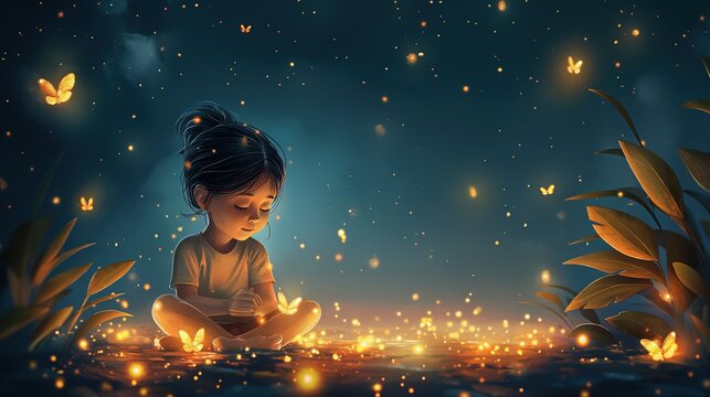a girl with firefly at night time, Children's book cartoon style illustration, cute cheerful positive happy atmosphere, Generative Ai