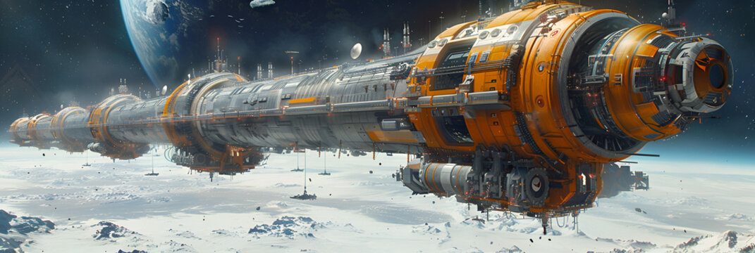 Artwork of a Space Hotel,
A painting of a space station with a yellow and orange space ship in the background.
