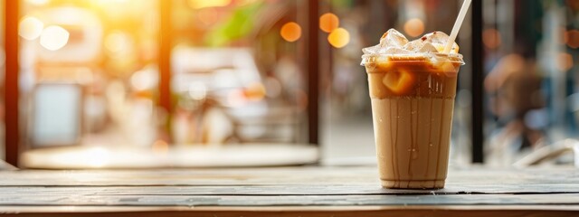Early morning iced coffee in a glass with cream milk, refreshing cold brew beverage with ice cubes illuminated by sunlight - Concept of morning routines, refreshment, and caffeinated drinks