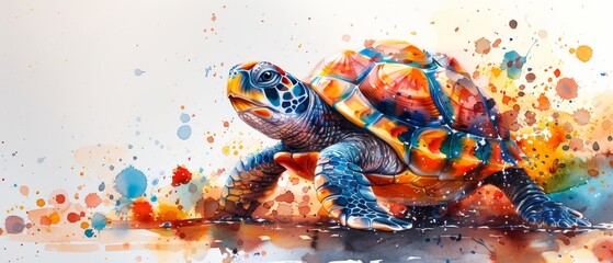 This watercolor style birthday card features a funny turtle, a holiday greeting illustration with a cartoon character. - obrazy, fototapety, plakaty