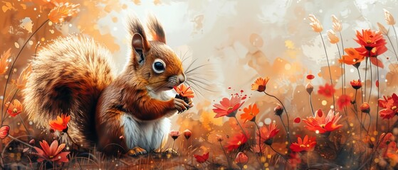 A cute squirrel with flowers, watercolor illustration with a cartoon character for cards and prints