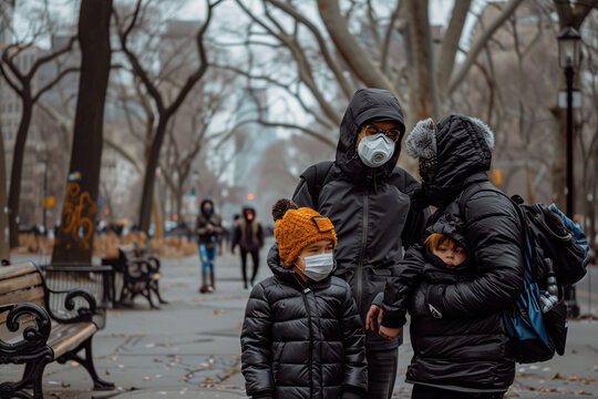 a family clad in winter clothing, with two adults and a child walking through a city park. The adults are wearing protective face masks and the child is donning a surgical mask.