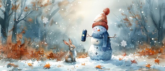 I have created a watercolor illustration with a snowman with hares and a flashlight. The illustration is suitable for card and print designs.