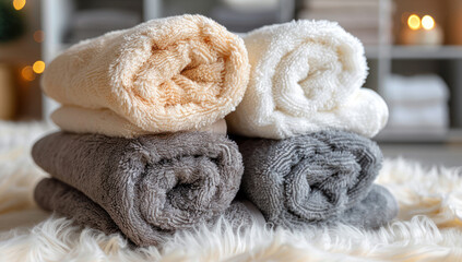 Obraz na płótnie Canvas Stack of fluffy, soft, rolled towels in white, grey and beige, creating a cozy, warm, spa like atmosphere at home, symbolizing comfort, luxury, wellness and relaxation.