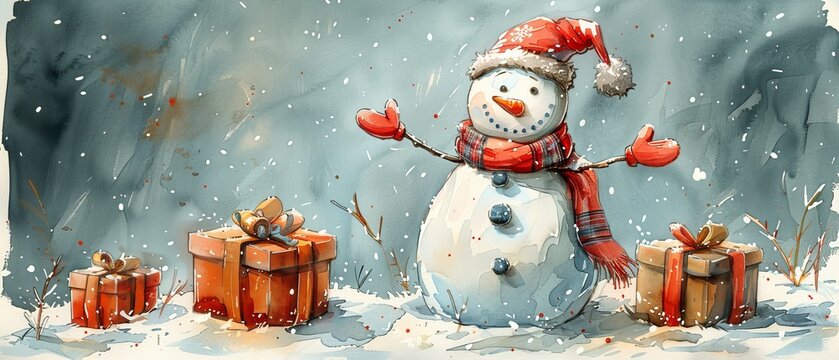 Watercolor illustration with cartoon character of a snowman, suitable for cards and print designs