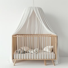 Baby crib isolated on white background. Children's bedroom interior. Wooden children's furniture. Convenience, coziness, comfort. Design for advertising a children's bedroom - obrazy, fototapety, plakaty