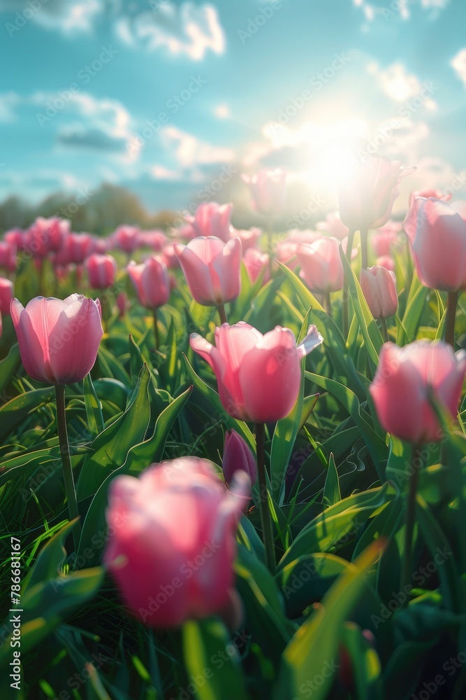 Wall mural A beautiful field of pink tulips with the sun shining in the background. Perfect for spring or nature-themed designs